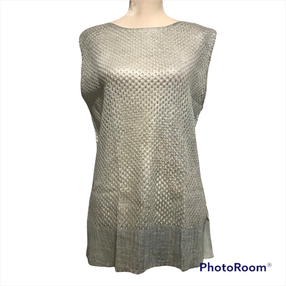 NWT FARM Rio metallic crochet open knit top blue with silver size M